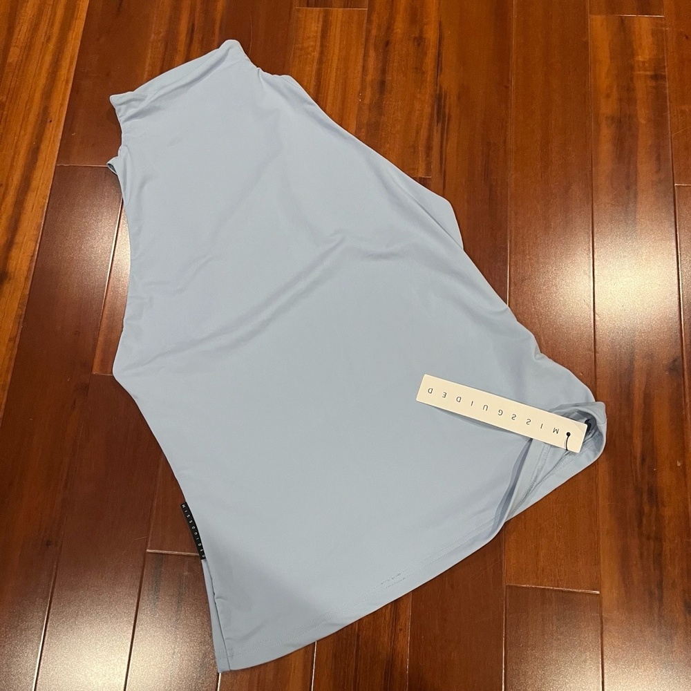Missguided Blue Tank Top High Neck Sleeveless Pale Light Stretch New NWT Large